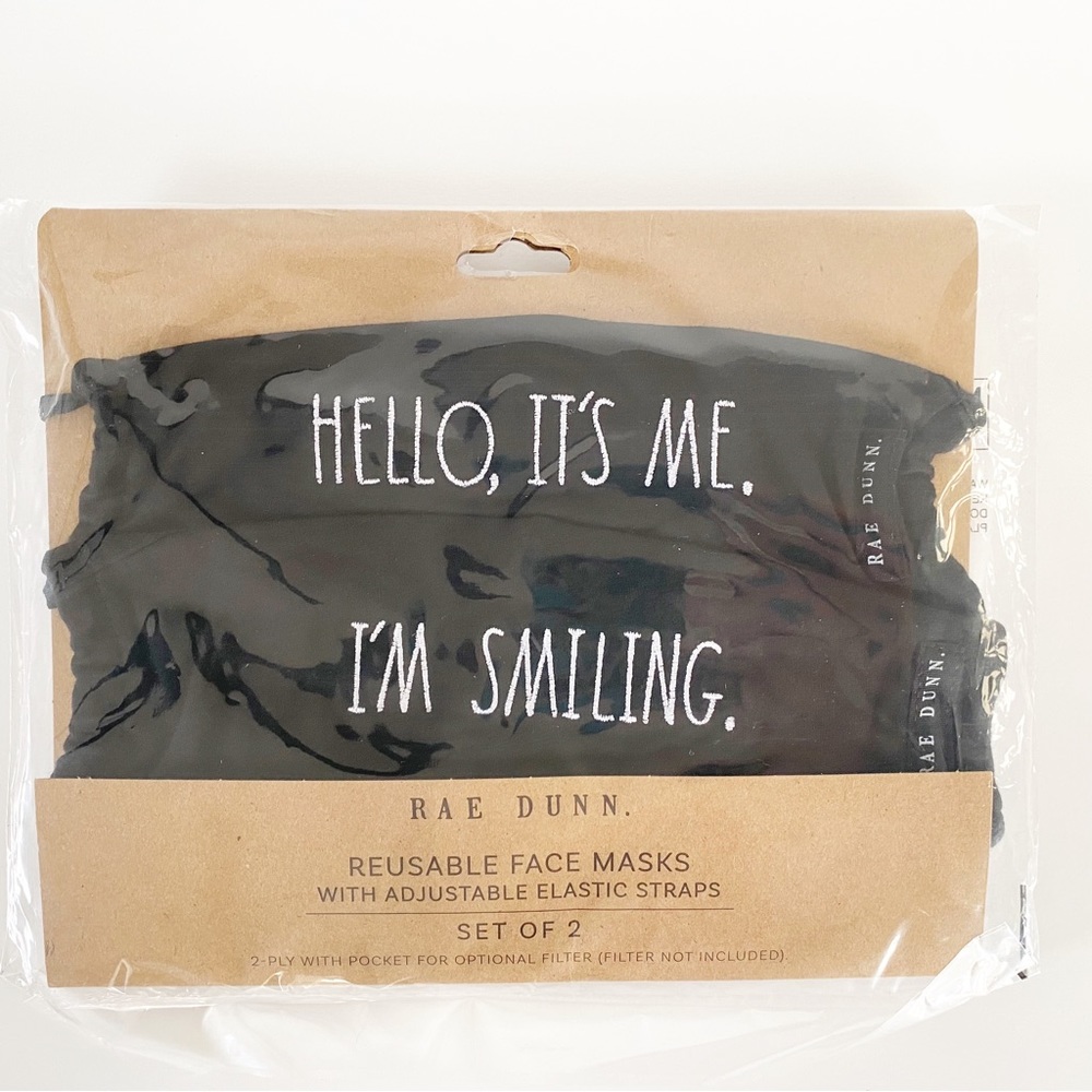 Rae Dunn Face Mask Set 2 Black Embroidered HELLO IT’S ME & I'M SMILING Reusable